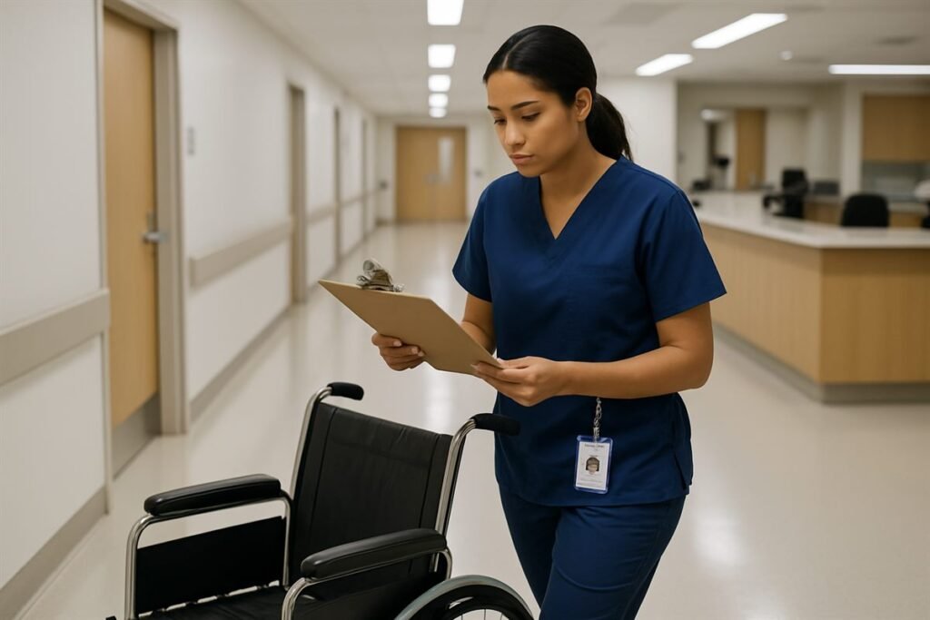 Asistente de enfermería con uniforme azul empujando una silla de ruedas en un pasillo de hospital