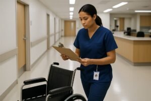 Asistente de enfermería con uniforme azul empujando una silla de ruedas en un pasillo de hospital