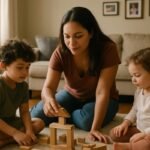 Mujer cuidando a dos niños pequeños en el salón de una casa