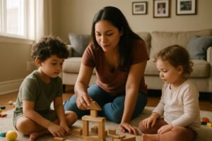 Mujer cuidando a dos niños pequeños en el salón de una casa